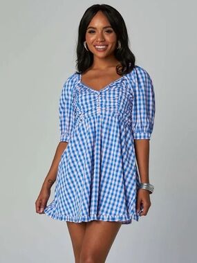 Buddy Love Poppy Blue Check Puff Sleeve Nantucket Dress in Blue Size XL